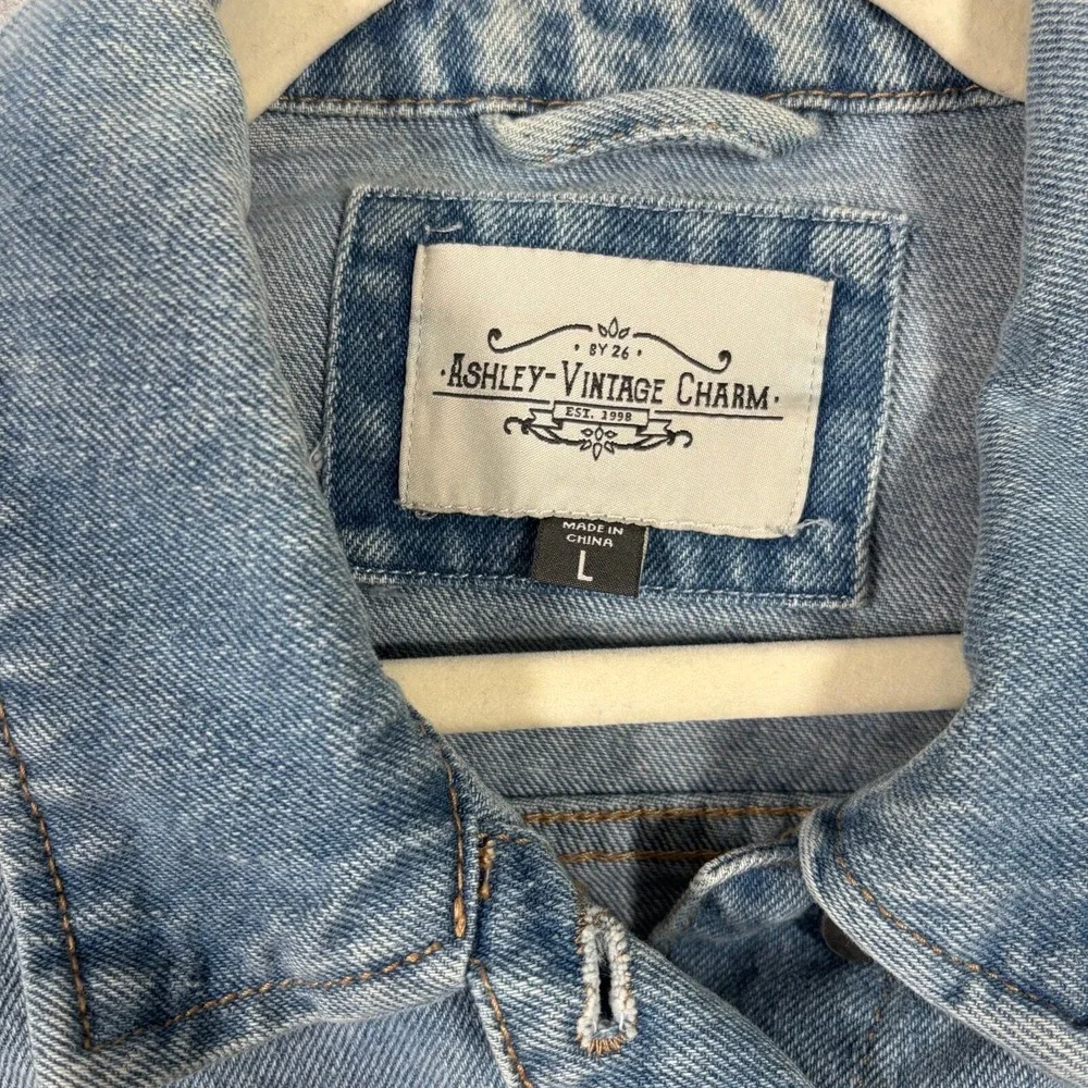 Ashley Vintage Charm Jean Jacket Large Distressed Puff Holes Girly Cute Feminine